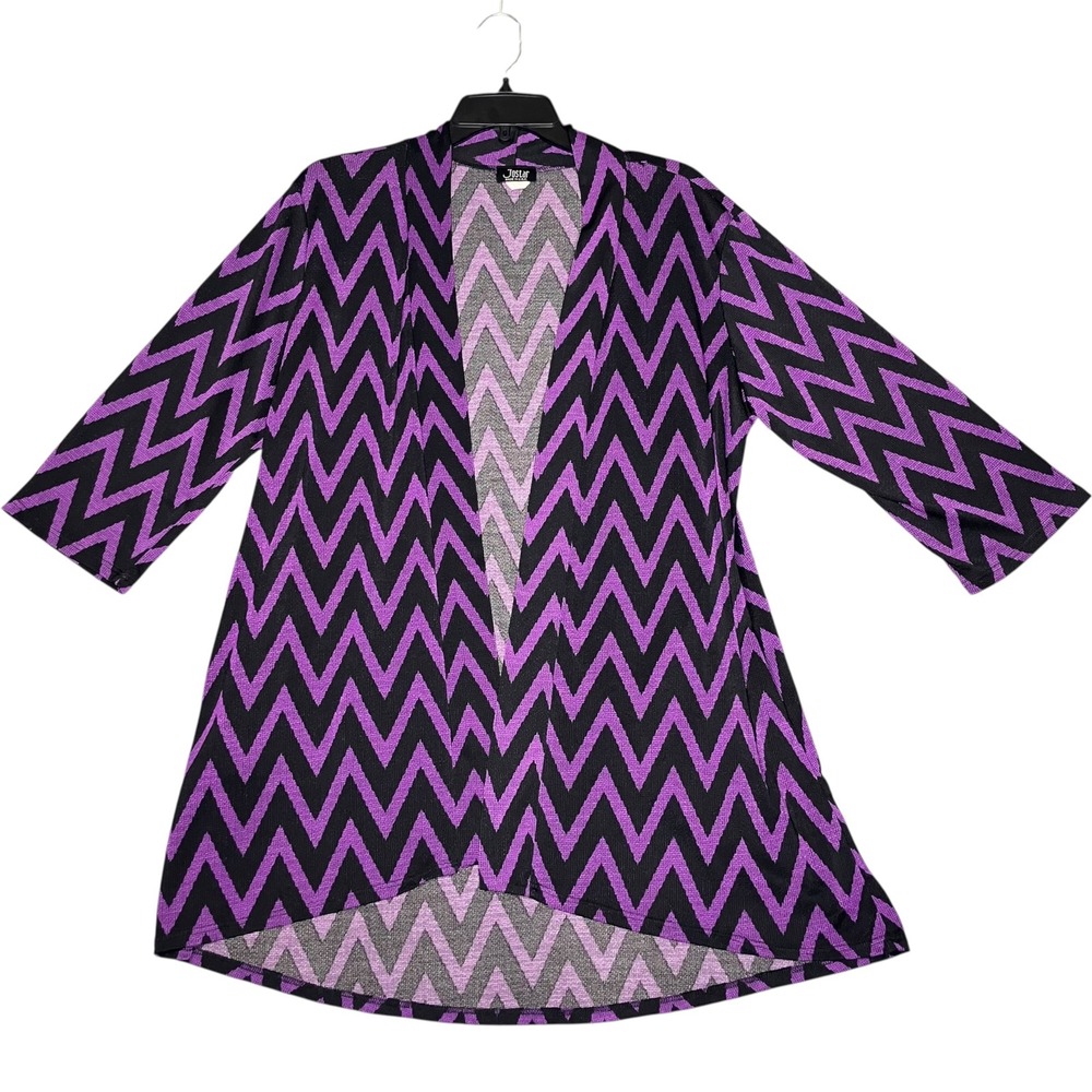 Vtg Jostar Cardigan Women L Purple Chevron Open Front Pockets Longline Knit Boho